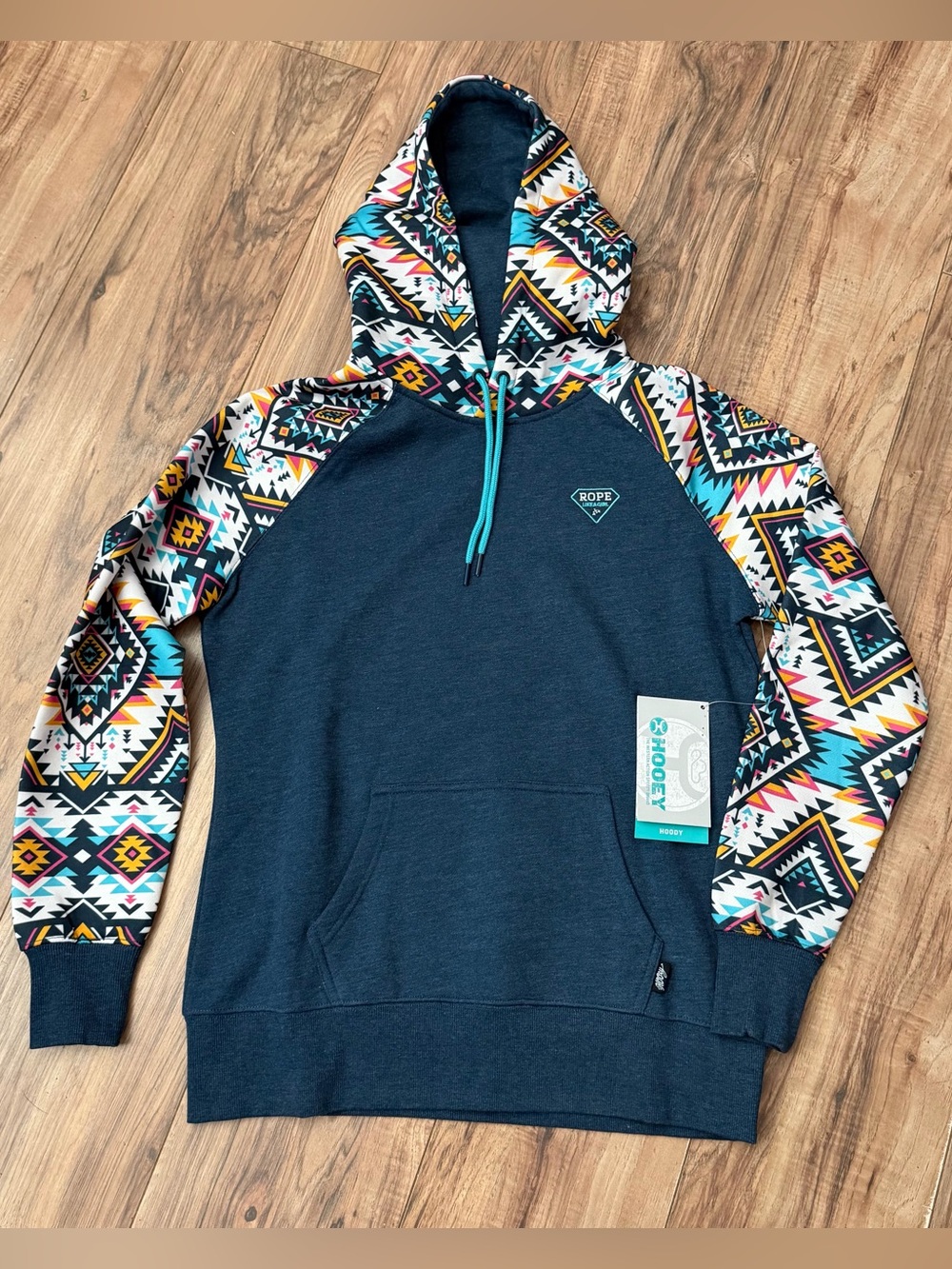 NWT Hooey Rope Like A Girl Dark Blue Pullover Hoodie with Aztec Sleeves Size: M